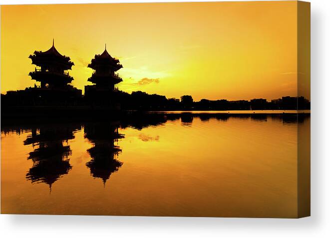 Tranquility Canvas Print featuring the photograph Twin Pagoda ~ Golden by Justin Tay York Chun