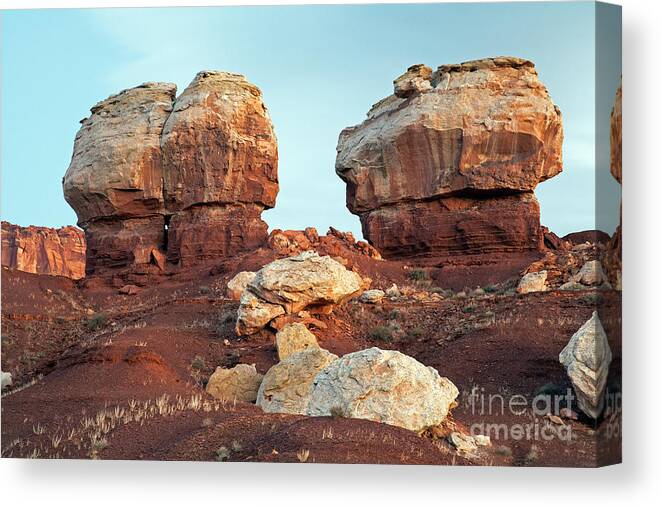 Autumn Canvas Print featuring the photograph Twin Rocks at Sunrise Capitol Reef National Park by Fred Stearns