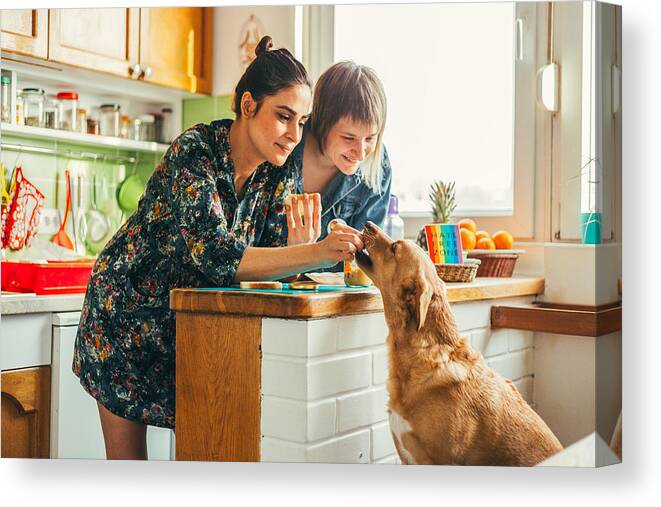 Pets Canvas Print featuring the photograph Two females enjoing breakfast at home by Obradovic