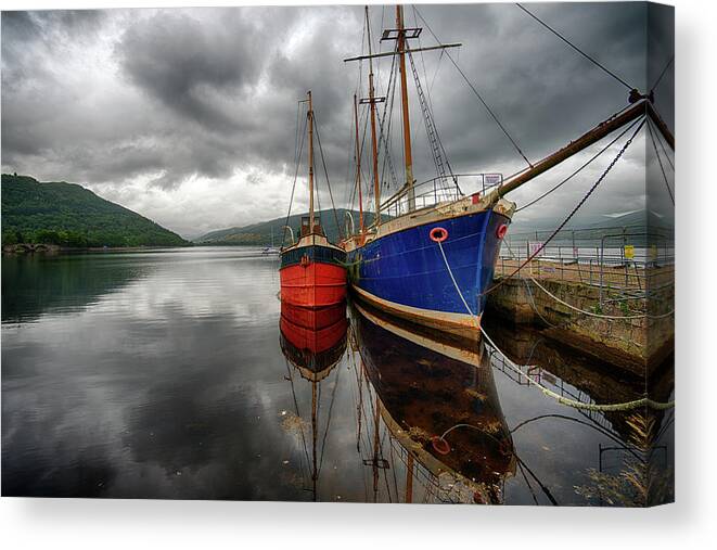 Tranquility Canvas Print featuring the photograph Two Ships At The Cost Of Loch Fyne by Emad Aljumah