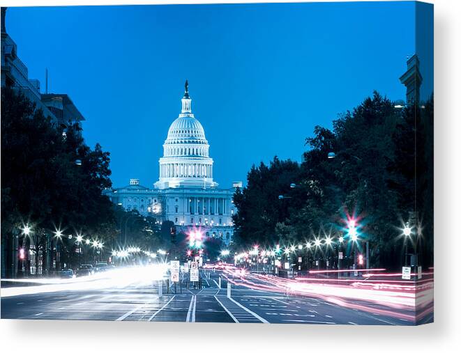 Outdoors Canvas Print featuring the photograph United States Capitol Building Night View with Car Lights Trails by Uschools