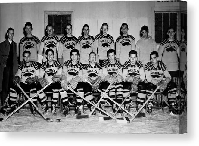 1947 Canvas Print featuring the photograph University of Michigan Hockey Team 1947 by Mountain Dreams