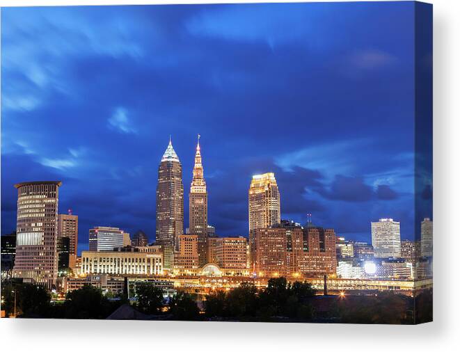 Downtown District Canvas Print featuring the photograph Usa, Ohio, Cleveland, City Skyline At by Henryk Sadura