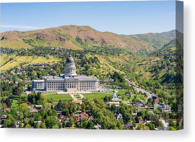 Panoramic Canvas Print featuring the photograph Utah State Capitol in Salt Lake City by Georgeclerk