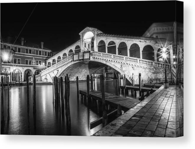 Ancient Canvas Print featuring the photograph VENICE Rialto Bridge at Night black and white by Melanie Viola
