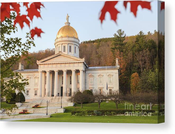 Vermont Canvas Print featuring the photograph Vermont state capitol building at sunset Montpelier by Ken Brown