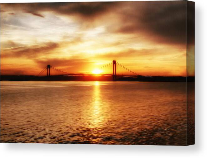 Verrazano Bridge Canvas Print featuring the painting Verrazano Bridge at Sunset by Klm Studioline