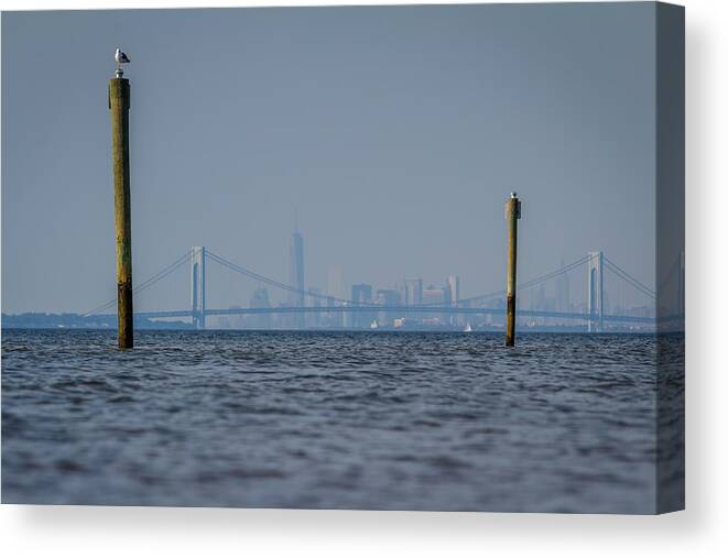 Bayshore Waterfront Canvas Print featuring the photograph Verrazano-Narrows bridge and NYC skyline from Port Monmouth by SAURAVphoto Online Store