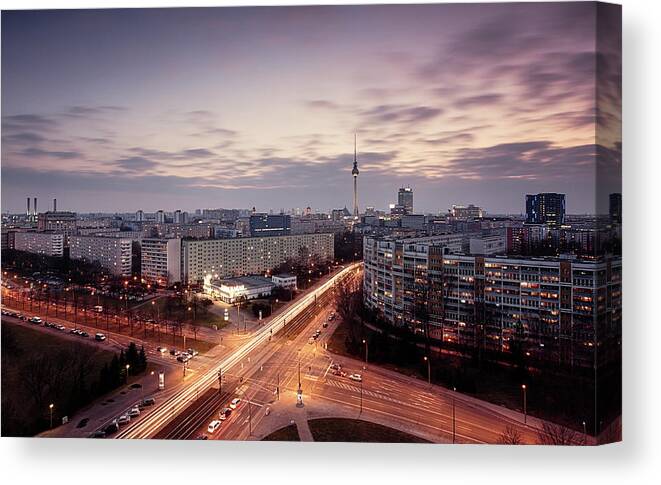 Berlin Canvas Print featuring the photograph View Of East Berlin Skyline by Spreephoto.de