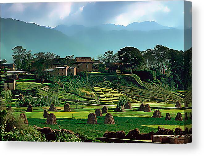 Asia Canvas Print featuring the digital art Village in Nepal by Wernher Krutein