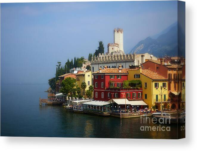 Classic Canvas Print featuring the photograph Village near the water with alps in the background by Nick Biemans