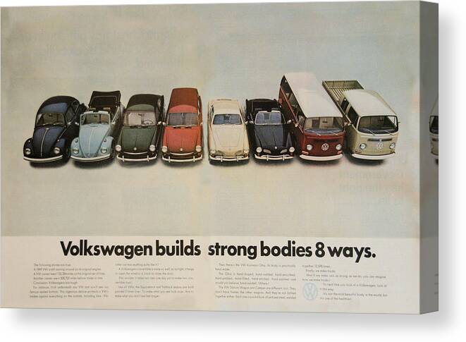 Vw Beetle Canvas Print featuring the digital art Volkswagen builds strong bodies 8 ways by Georgia Clare