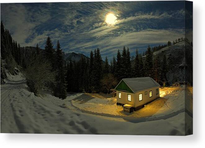 Snow Canvas Print featuring the photograph Warm Light on A Cold Night by Movie Poster Prints