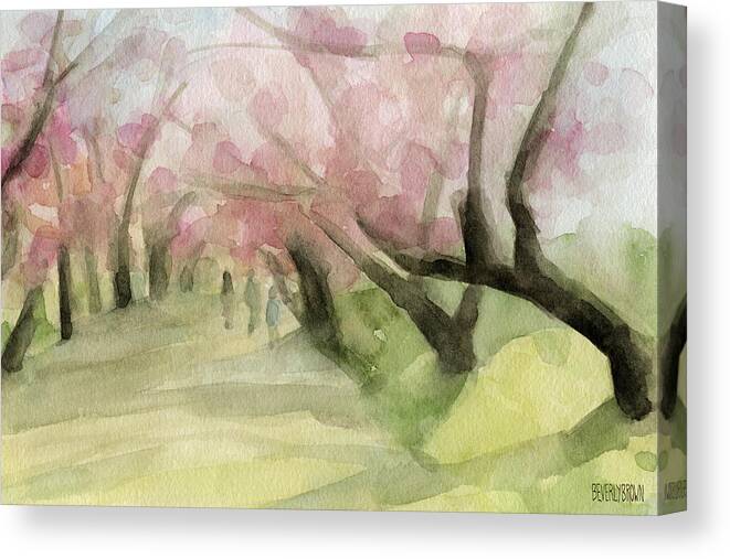 Landscape Canvas Print featuring the painting Watercolor Painting of Cherry Blossom Trees in Central Park NYC by Beverly Brown