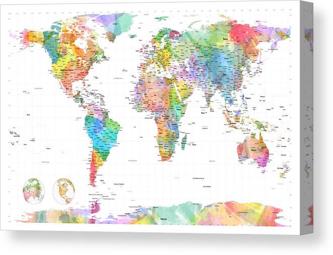 World Map Canvas Print featuring the digital art Watercolor Political Map of the World by Michael Tompsett