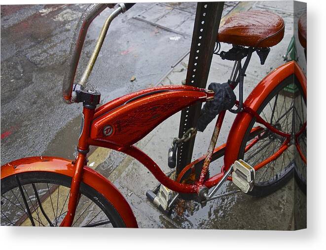 Orange Canvas Print featuring the photograph Wet Orange Bike  NYC by Joan Reese