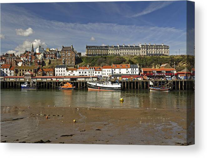 Britain Canvas Print featuring the photograph Whitby Lower Harbour and the West Cliff by Rod Johnson