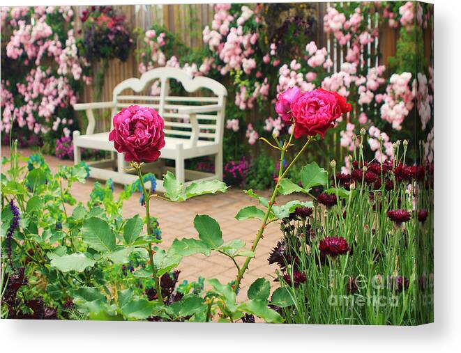 English Garden Canvas Print featuring the photograph White Bench and Pink Climbing Roses in English Garden by Beverly Claire Kaiya