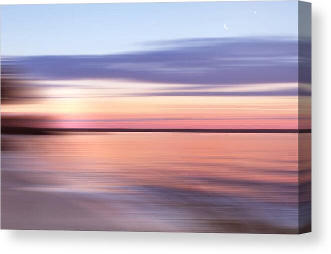 Sunrise Canvas Print featuring the photograph Wide River Dawn and Crescent Moon by Deborah Smith