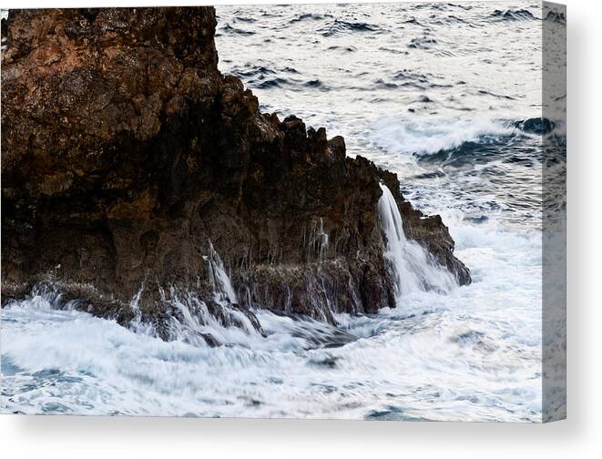 Rock Canvas Print featuring the photograph Stormy mediterranean sea painting in white Minorca island shore - Wild sea by Pedro Cardona Llambias