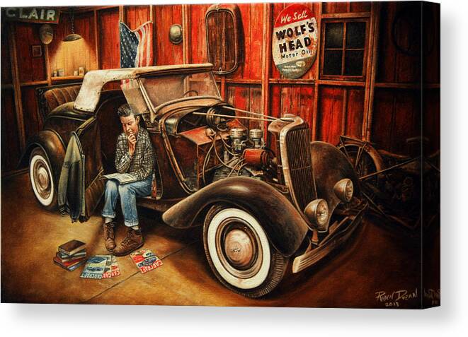 Oil Canvas Print featuring the painting Willie Gillis Builds a Custom by Ruben Duran