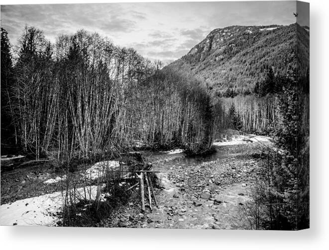 Black And White Canvas Print featuring the photograph Winter Backroads Englishman River by Roxy Hurtubise