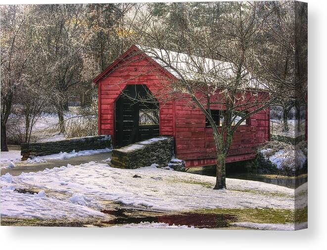 Carroll Creek Covered Bridge Canvas Print featuring the photograph Winter Crossing in Elegance - Carroll Creek Covered Bridge - Baker Park Frederick Maryland by Michael Mazaika