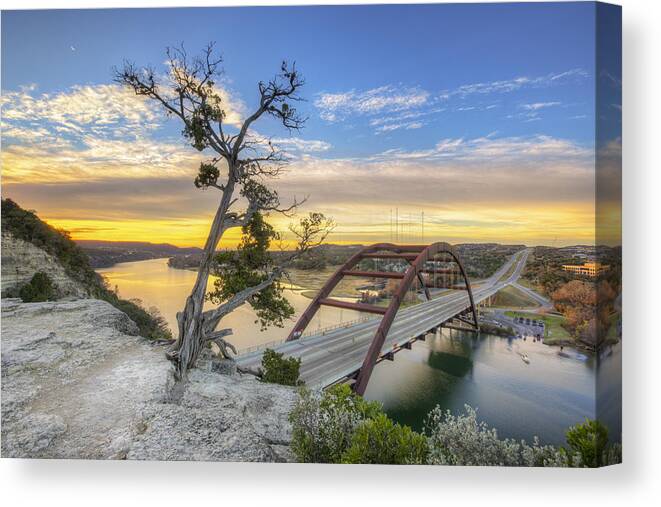 360 Bridge Images Canvas Print featuring the photograph Winter Moonrise over the 360 Bridge in Austin Texas by Rob Greebon