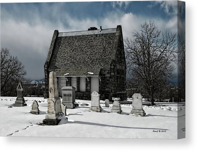 Riverside Cemetery Canvas Print featuring the photograph Winter Stone House by Stephen Johnson