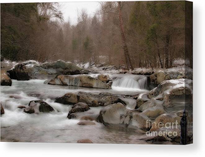 Greenbriar.cascading Water. Rocks. Boulders. Canvas Print featuring the photograph Winter Stream by Geraldine DeBoer