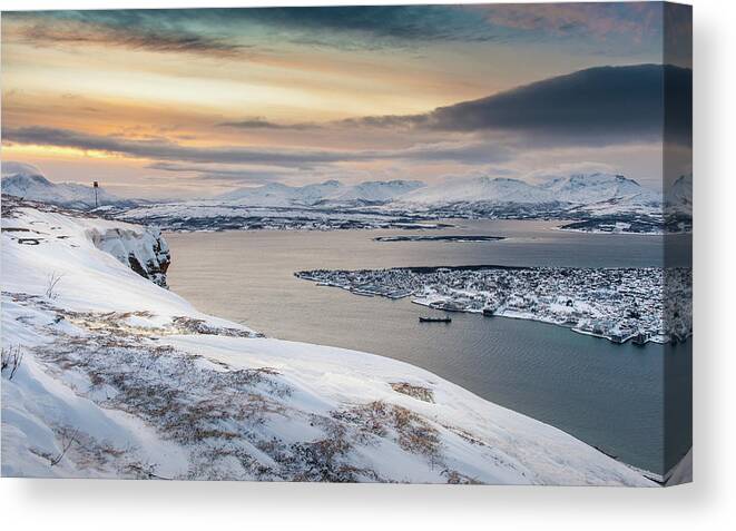 Tromso Canvas Print featuring the photograph Winter View Over Tromso City Over by Coolbiere Photograph