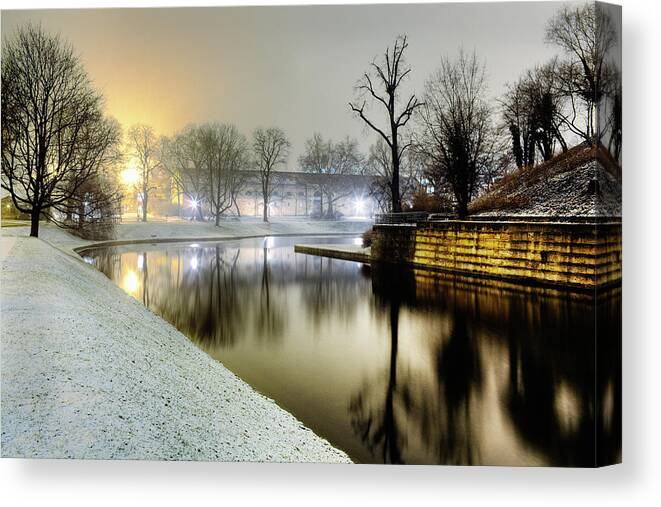 Snow Canvas Print featuring the photograph Wintery Lake With Barren Trees by Silvia Otte