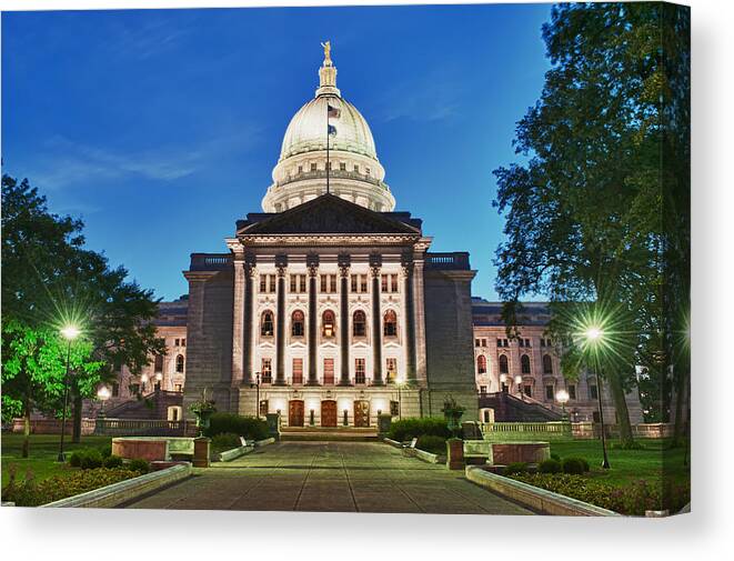 Clouds Canvas Print featuring the photograph Wisconsin State Capitol Building at Night by Sebastian Musial