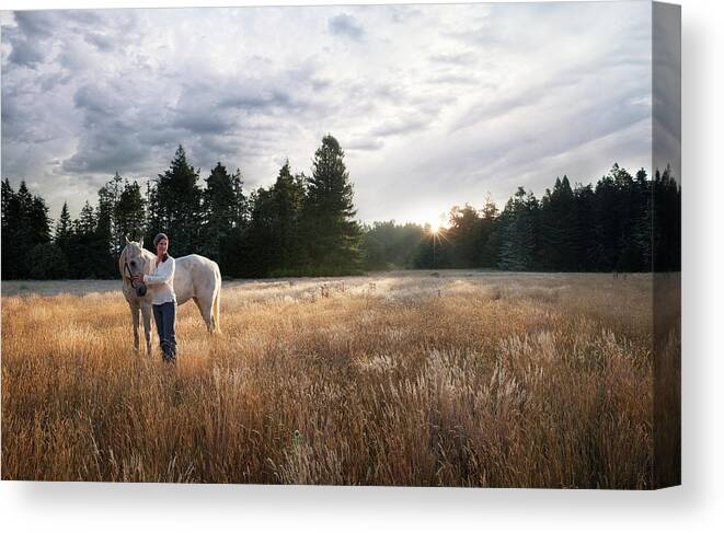 Scenics Canvas Print featuring the photograph Women With White Horse In Forest Meadow by Justin Lewis