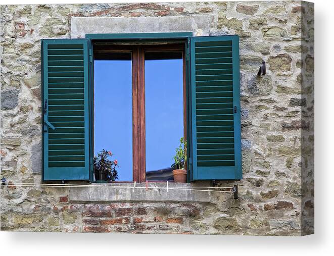 Window Canvas Print featuring the photograph Wood brown Window with Green Shutters of Tuscany by David Letts