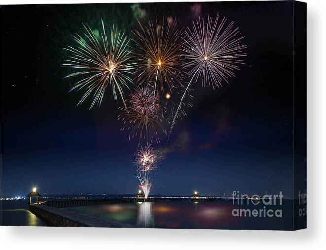 Background Canvas Print featuring the photograph Wooded bridge in the port between new year celebration by Anek Suwannaphoom