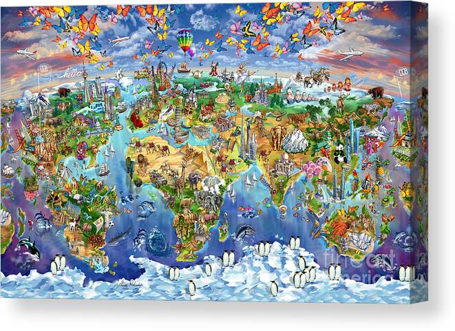 World Map Canvas Print featuring the painting World Map of world wonders by Maria Rabinky