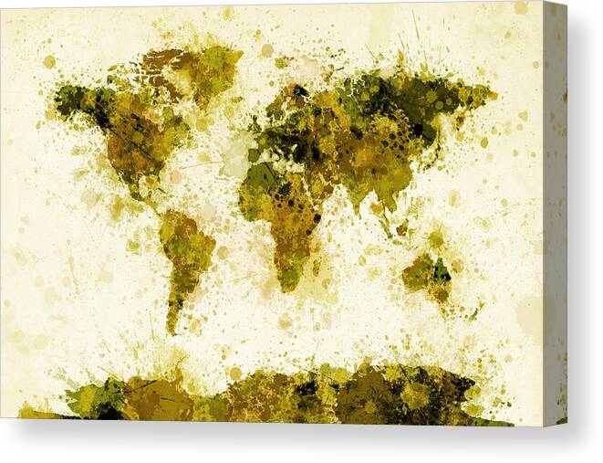 Map Of The World Canvas Print featuring the digital art World Map Paint Splashes Yellow by Michael Tompsett