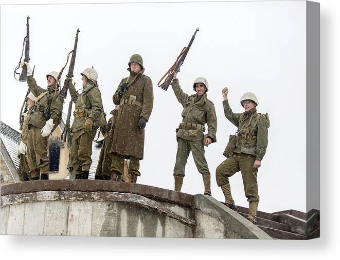 Young Men Canvas Print featuring the photograph World War II: Victory Cheer After Storming Bunker by JasonDoiy