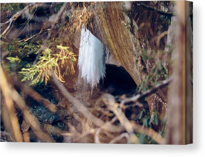 1st Canvas Print featuring the photograph Yahoo Falls Frozen 1 by Amber Flowers