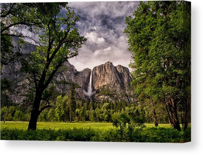 Water River Waterfall Mountains Yosemite National Park Sierra Nevada Landscape Scenic Nature California Sky Clouds Cloudy Day Canvas Print featuring the photograph Yosemite Falls by Cat Connor