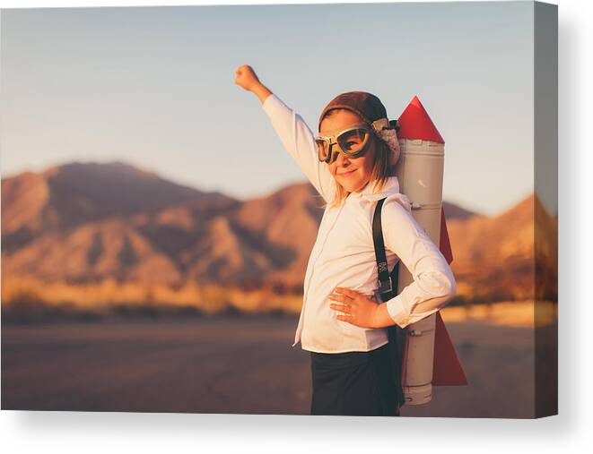 New Business Canvas Print featuring the photograph Young Business Girl with Rocket Pack by RichVintage