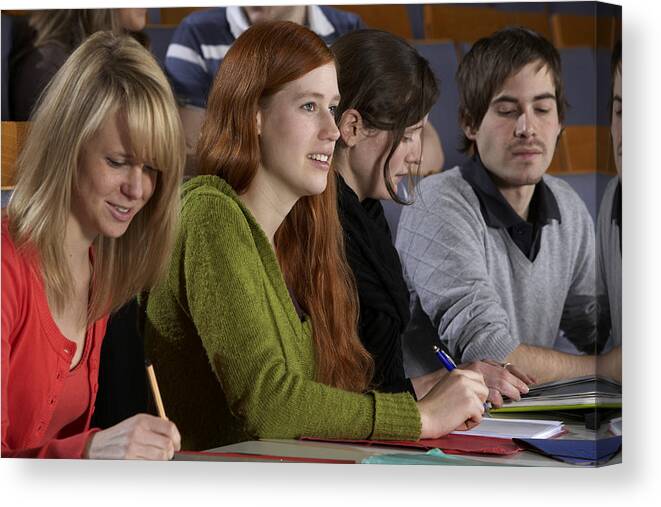 Expertise Canvas Print featuring the photograph Young mixed students working and listening during lecture by Clu