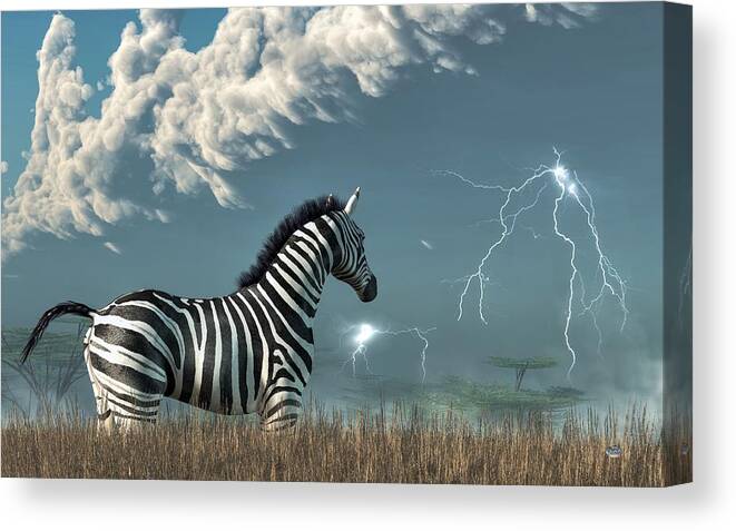 Zebra Canvas Print featuring the digital art Zebra and Approaching Storm by Daniel Eskridge