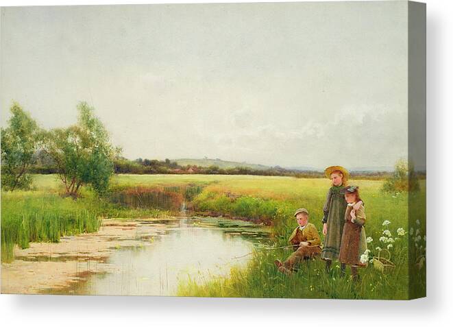 Basket; Straw Hat; River Canvas Print featuring the painting Springtime by Benjamin D Sigmund 