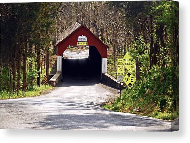 Another Shot Of The Frankenfield Bridge. Located In Tinticum Twp Canvas Print featuring the photograph Frankenfield Covered Bridge #1 by Elsa Santoro