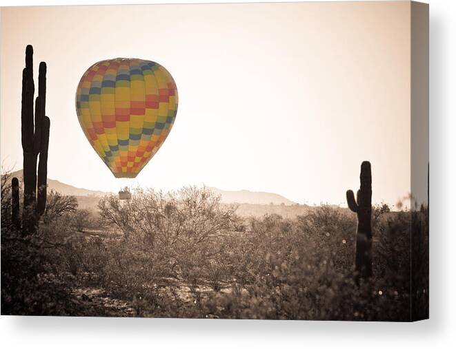Arizona Canvas Print featuring the photograph Hot Air Balloon On the Arizona Sonoran Desert In BW #1 by James BO Insogna