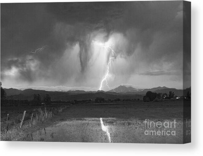 'boulder County' Canvas Print featuring the photograph Lightning Striking Longs Peak Foothills 3 by James BO Insogna