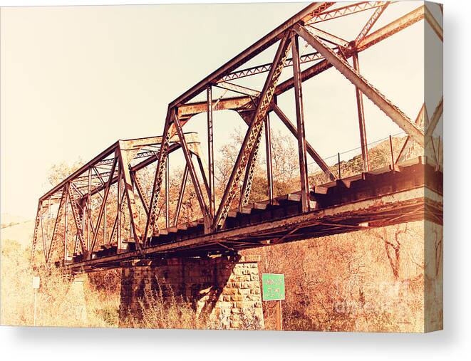 Retro Canvas Print featuring the photograph Old Railroad Bridge at Union City Limits near Historic Niles District in California . 7D10736 #1 by Wingsdomain Art and Photography