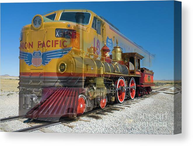 Promontory Point Canvas Print featuring the photograph 100 years of Union Pacific Railroading by Tim Mulina